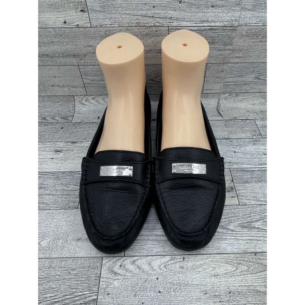 Coach Fredrica Black Pebbled Leather Silver Logo Plaque Loafer Flats Women 7.5B